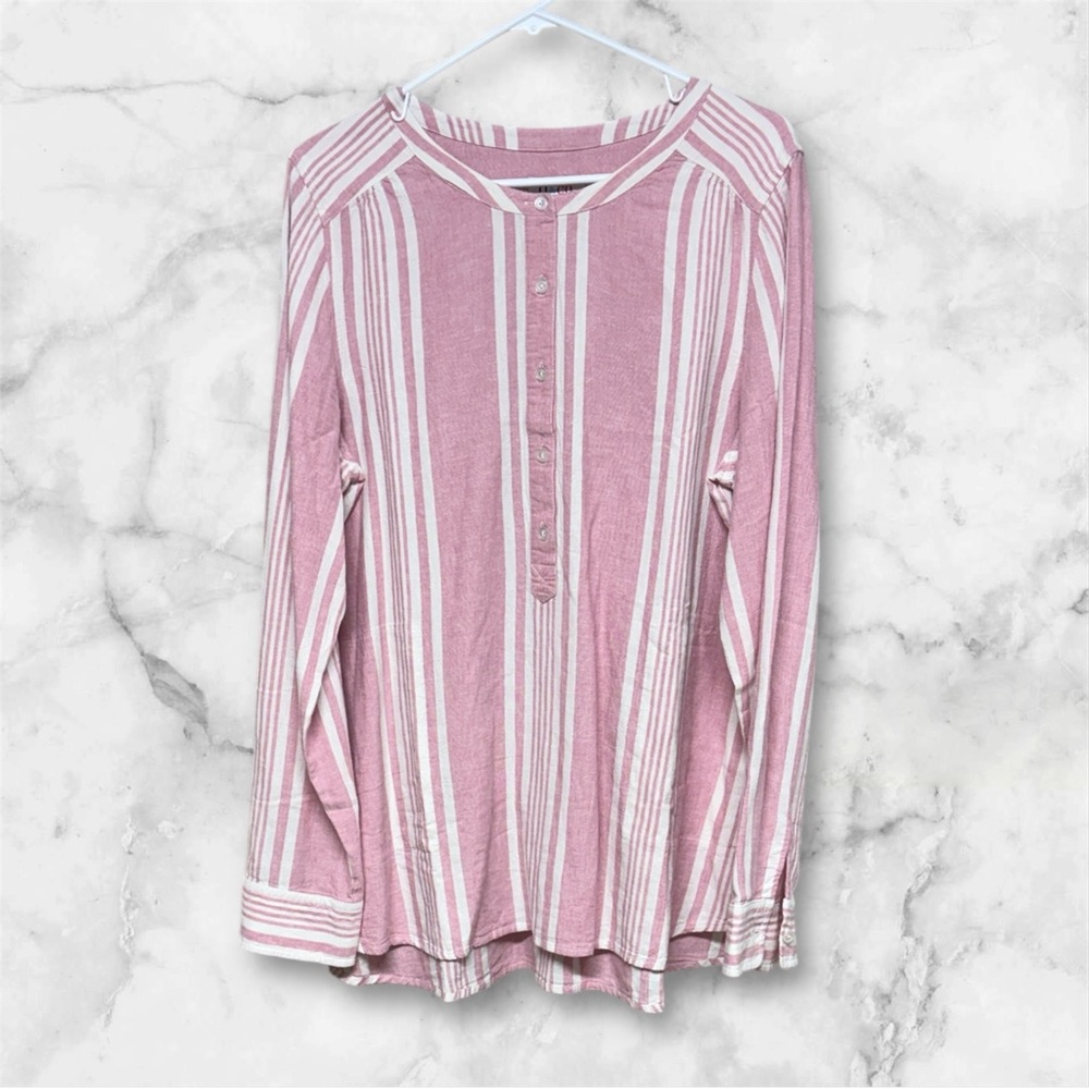D&Co. Long Sleeve Blouse tunic striped top pink white medium linen blend